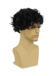 6-Inch Men's Short Hair Wig With Bangs And Natural Curls, Layered And Side-Parted, Heat-Resistant Synthetic Wig - Black - View 5
