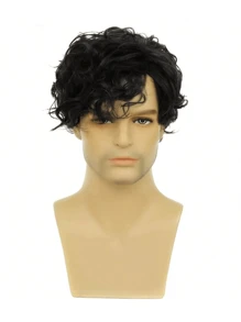 6-Inch Men's Short Hair Wig With Bangs And Natural Curls, Layered And Side-Parted, Heat-Resistant Synthetic Wig - Black - View 2