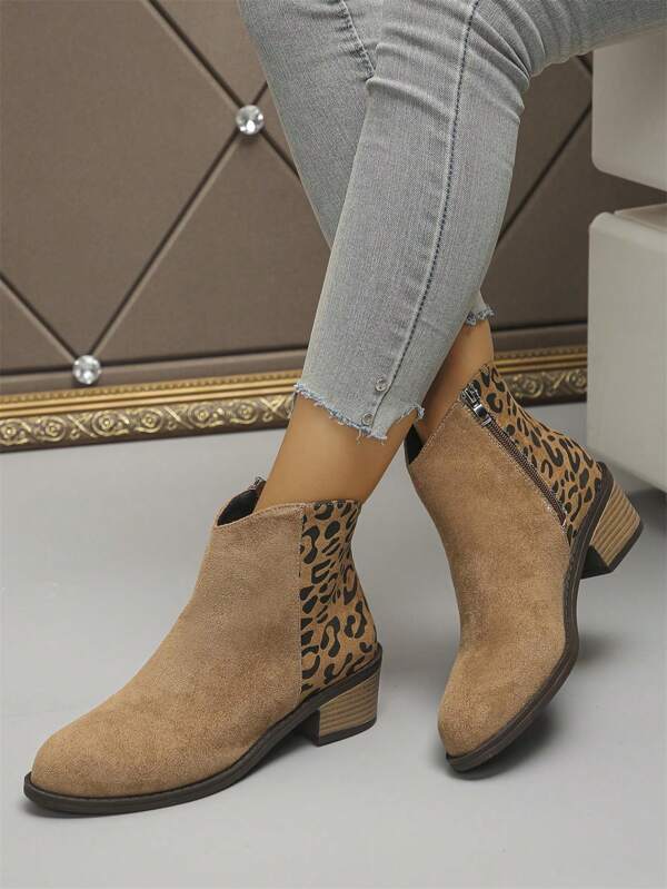 New Autumn/Winter Fashion Boots For Women, Black & Leopard Print Upper, Short Shaft, Side Zipper, Flat Thick Heel, Plus Size Women's Boots