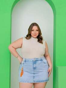 Women's Plus Size High Waist Short Denim Skirt With - 藍色 - 查看 4