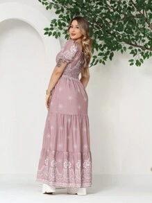 Women's Long Dress With Short Sleeves And Print - 藕粉色 - 查看 3