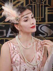 Xiacheng 1920年代爵士女郎服装配饰套装：1920年代爵士女郎发箍、复古珍珠项链、手套 - 粉色 - 查看 9