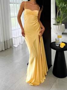 Ruched Sleeveless Formal Gown With Slit Thigh And Spaghetti Straps For Special Occasions - Yellow - View 2