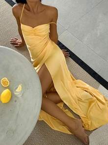 Ruched Sleeveless Formal Gown With Slit Thigh And Spaghetti Straps For Special Occasions - Yellow - View 3