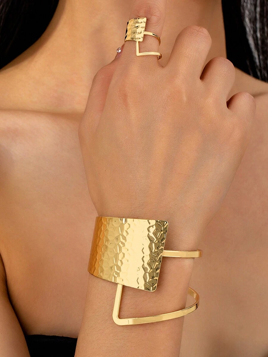 1 Set Gold Geometric Shaped Bangle & Ring Set, American & European Style Popular Bracelet & Ring Combo, Women's Gift Set, Gold Metal Jewelry
