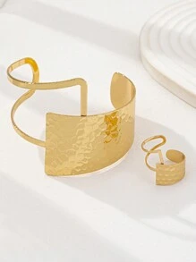 1 Set Gold Geometric Shaped Bangle & Ring Set, American & European Style Popular Bracelet & Ring Combo, Women's Gift Set, Gold Metal Jewelry - Gold - View 3
