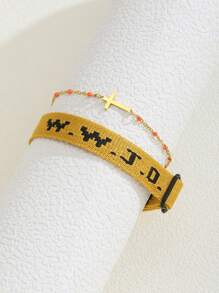 1 Pair WWJD What Will Jesus Do Letter Jacquard Knit Wristband Bracelet & Cross Decor Bohemian Beaded Bracelet Inspirational Christian Jewelry Set For Women Men For Daily Wearing