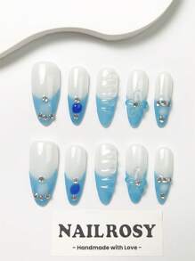 nailrosy Bộ 10 móng tay giả thủ công màu xanh hạnh nhân trắng lấp lánh lấp lánh lấp lánh trang trí bằng đá giả sang trọng phong cách Nhật Bản hiện đại thanh lịch Y2K tối giản phong cách Hàn Quốc thiết kế tươi mới móng tay giả - Màu xanh lam - Xem 2