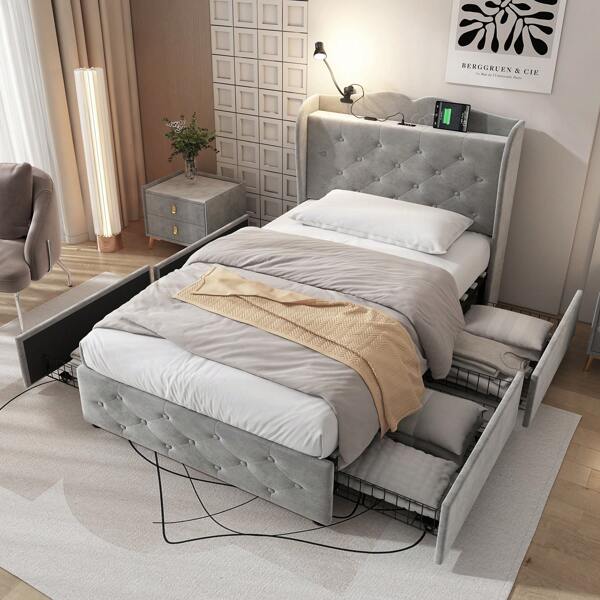 Flieks Upholstered Bed, Storage Bed, 3FT Single Bed 90x190cm, With 4 Drawers And Lamp, 3 USB Port+1 Type C, Durable And Sturdy, Youth Bed, For Adults & Teenagers, Velvet, Grey