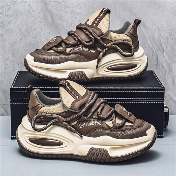 Men's Fashion Sports Shoes, Lace-Up Soft & Thick Sole Running Shoes, Casual Breathable Low-Top Sneakers, Anti-Slip PU Rubber Shoes