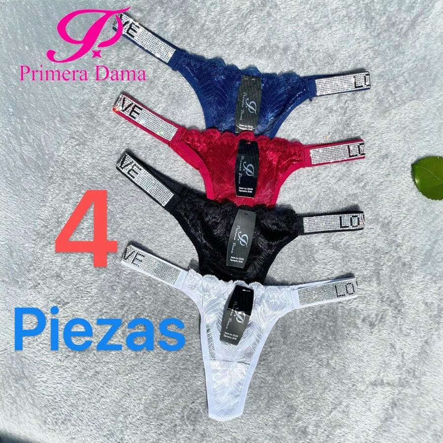 PRIMERA DAMA Women's Low Waist Lace Thong, Female Underwear, With Glitter Detail On The Sides, Shiny Letters, Cotton Bridge Panties - 彩色 - 查看 1