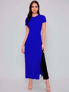 Women's Blouse Short Sleeve With Sexy Side Slits, Casual Fashion - 藍色 - 查看 2