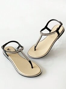 女士夏季平底水钻人字拖凉鞋，时尚百搭罗马风格，适合穿衣、沙滩装、凉鞋