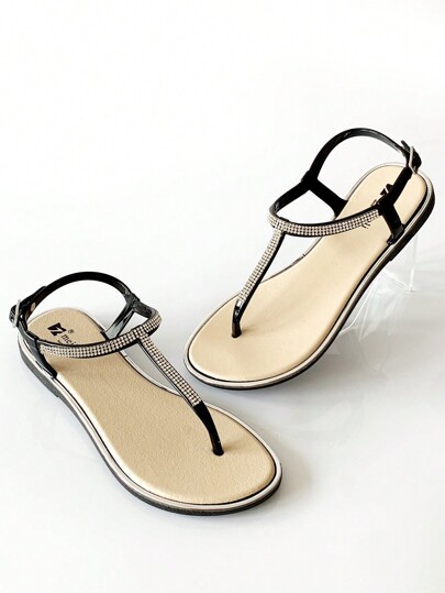 Damen Sommer Flache Strass Zehentrenner Sandalen, modisch vielseitiger römischer Stil, geeignet für Kleider, Strand, Sandale