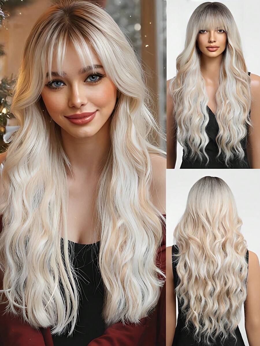 26 英寸長漸變帶劉海合成女士假髮,鬆散波浪混色假髮,抗熱合成纖維替代髮,適用於派對日常 - 漸層 - 查看 1