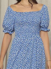 Long Dress With Puffed Sleeves Elastex Print - Blue - View 4