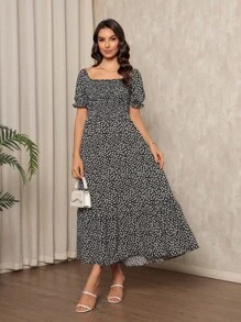 Long Dress With Puffed Sleeves Elastex Print - Black - View 1