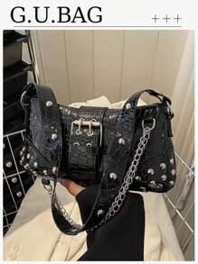 Túi đeo hông nữ mới 2024 có trang trí nơ tình yêu, phong cách xe máy khảm đinh tán cổ điển, túi đinh tán cổ điển phong cách châu Âu và Mỹ có chi tiết xếp ly, dây đeo vai có thể điều chỉnh, túi đeo chéo nữ hình lưỡi liềm bằng da giả màu trơn, có sẵn màu đen, trắng, bạc, quà tặng cho bạn gái, phong cách xe máy tuyệt vời - Nhiều màu - Xem 3