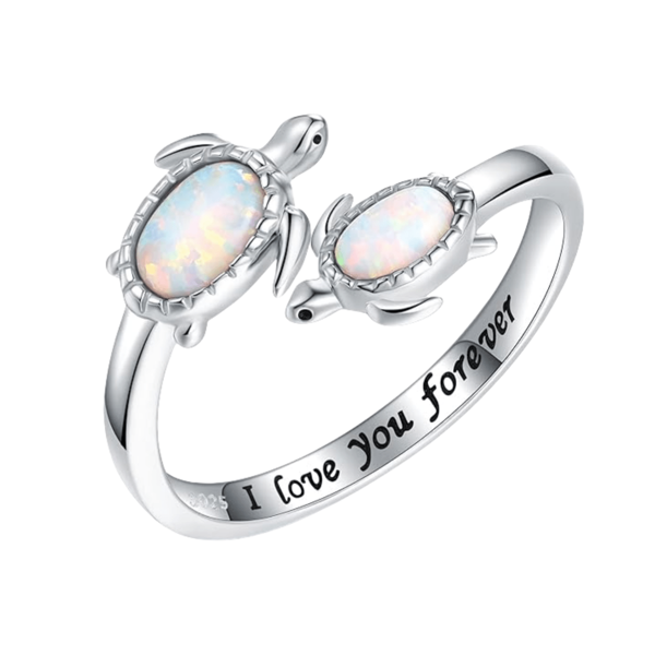 1pc 925 Sterling Silver Opal Sea Turtle Ocean Life Adjustable Open Ring, Inspirational "I Love You Forever" Gift Jewelry For Women And Girls