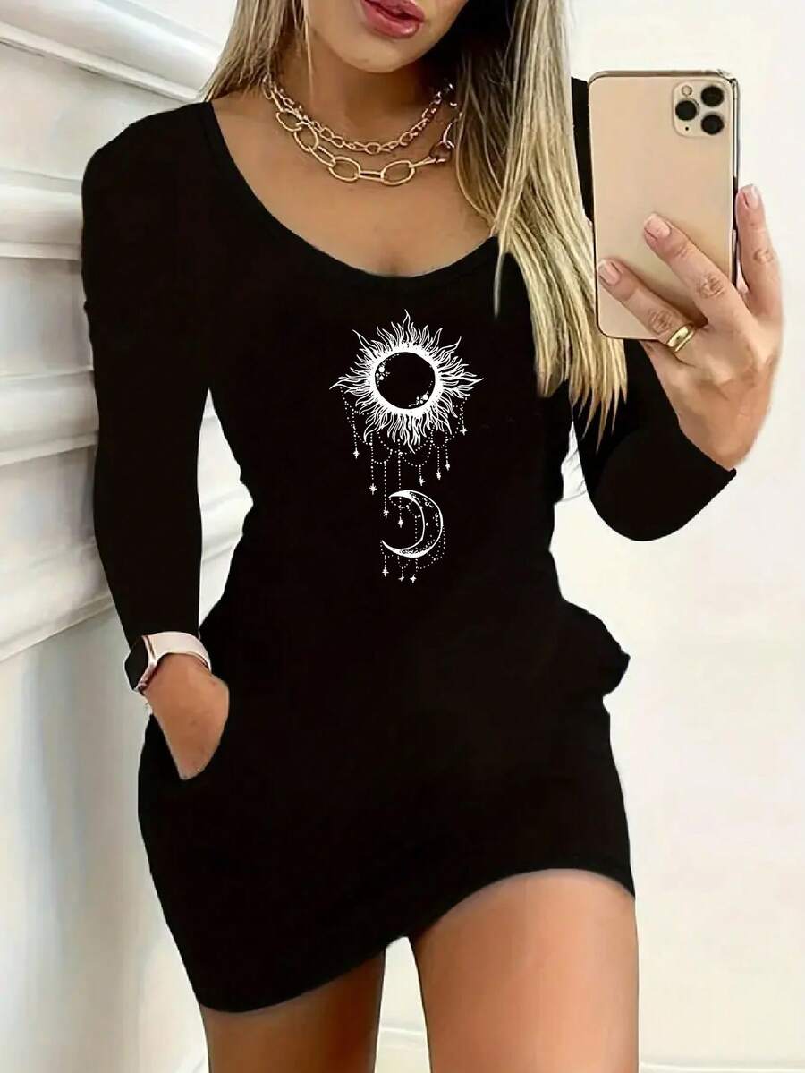 Women's Sexy Bodycon Mini Dress With Sun And Moon Pattern - Black - View 1
