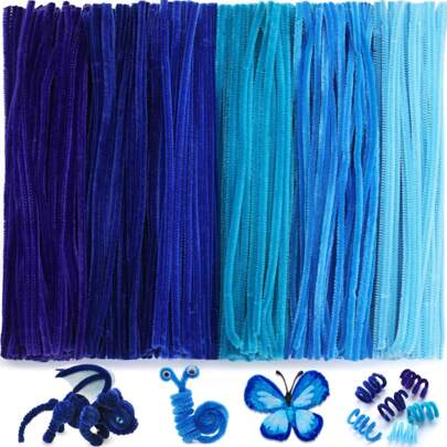 100/120/300 pièces Set d'accessoires DIY bleus avec 1 vidéo pas-à-pas, 6 couleurs, tiges de chenille pour des projets DIY créatifs, torsades épaisses et douces pour bouquets, fabrication de cadeaux, fournitures de décoration maison