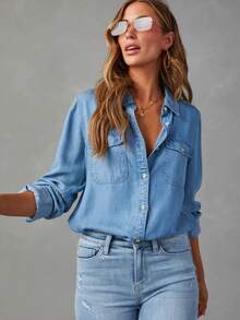 Women's Casual Turndown Collar Single-Breasted Dual-Pocket Long Sleeve Denim Shirt Top, Spring & Autumn - Blue - View 8