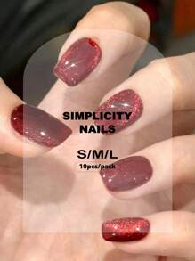 10 paquets d'ongles à presser faits main, faux ongles rouges purs scintillants avec effet œil de chat, faux ongles courts brillants en forme de cercueil pour femmes et filles, livrés avec 1 bande à froisser et 1 colle en gelée. Fournitures pour ongles - Rouge foncé - Voir 3