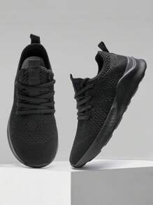 女士简约风格运动路跑鞋舒适步行健身鞋网眼透气运动鞋户外健身鞋系带运动鞋黑色 - 黑色 - 查看 5