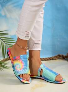 Women's Abstract Rainbow Flat Sandals, Strap Colorful Beach Shoes, Fashion - Multicolor - View 5