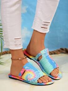 Women's Abstract Rainbow Flat Sandals, Strap Colorful Beach Shoes, Fashion - Multicolor - View 6