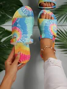 Women's Abstract Rainbow Flat Sandals, Strap Colorful Beach Shoes, Fashion - Multicolor - View 1