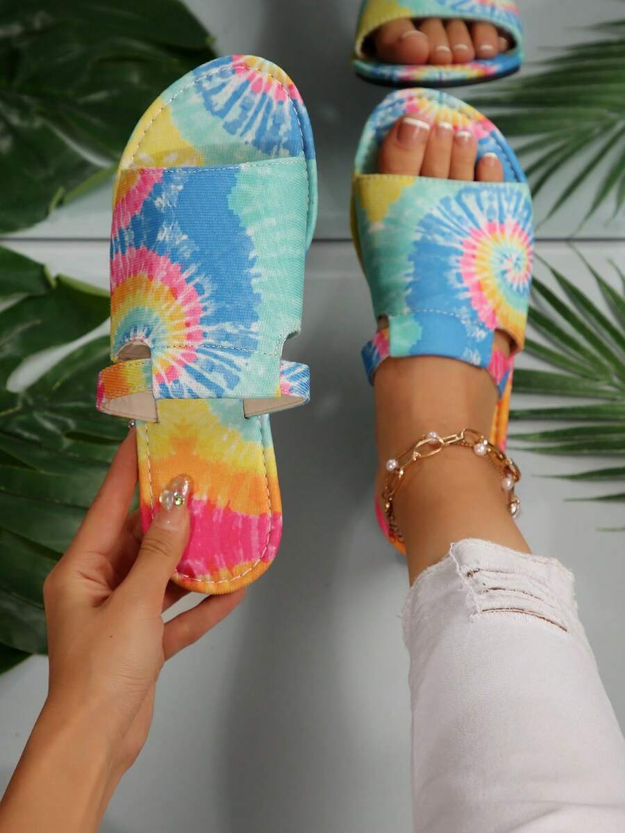 Women's Abstract Rainbow Flat Sandals, Strap Colorful Beach Shoes, Fashion - Multicolor - View 1