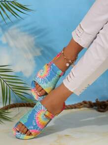 Women's Abstract Rainbow Flat Sandals, Strap Colorful Beach Shoes, Fashion - Multicolor - View 7