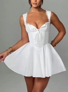 Women's Mini Corset Dress A-Line Deep V Neck Backless Ruffle Hem Sleeveless Dress For Party Club - 白色 - 查看 2