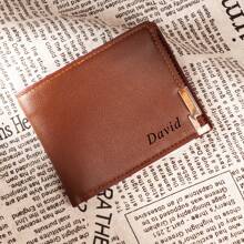 1 chiếc ví ngắn bằng da PU bền màu trơn có thể gấp đôi đựng nhiều loại thẻ, khắc tên cá nhân, dùng cho mục đích công sở/thường ngày dành cho nam giới - màu nâu - Xem 3