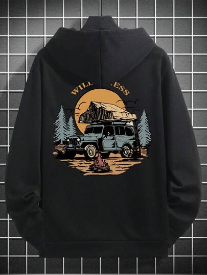 男士户外风景艺术森林露营元素印花休闲保暖连帽卫衣，秋冬季长袖上衣