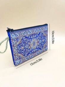 4"X6" Vintage Style Gold Thread Embroidered Blue & White Pattern Zipper Wallet, Suitable For Daily Use, Women Mini Coin Purse - Multicolor - View 7