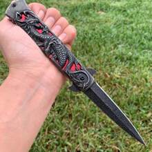 Survival Camping Knife, Dragon Engrave Handle, Blue/Red Style, With Pocket Clip Good For Outdoor And Collection Knives,Back To School,School Supplies
