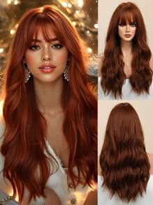 逼真的铜红棕色姜假发：外观自然、柔软且无胶 - 22 英寸。外观自然、颜色自然、柔软、逼真、喜欢它、耐热纤维发全机器角色扮演派对假发，适合时尚女性万圣节热卖