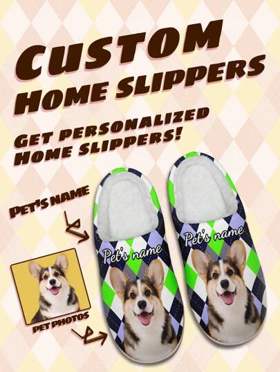 Men's Custom Pet's Name Home Slippers, Pet's Photo Green Plaid Designed Lightweight Comfortable Soft Bottom Home Slippers For Man, Personalized Fun Gift For Mom/Dad/Her/Him/Girlfriend/Boyfriend/Wife/Husband/Friend