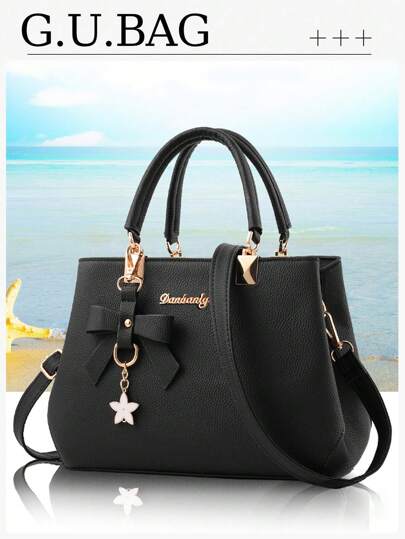 1 件女士勃艮第红波尔多红、红宝石色、栗色、深红色、樱桃色、黑色、蓝色纯色手提包，采用 PU 材质和蝴蝶结星星吊坠，适合日常休闲、购物、商务通勤、书包套装、便携、经典休闲、商务休闲、适合少女、女大学生、白领、大学、办公室、小学、送给母亲的礼物、最佳母亲节礼物