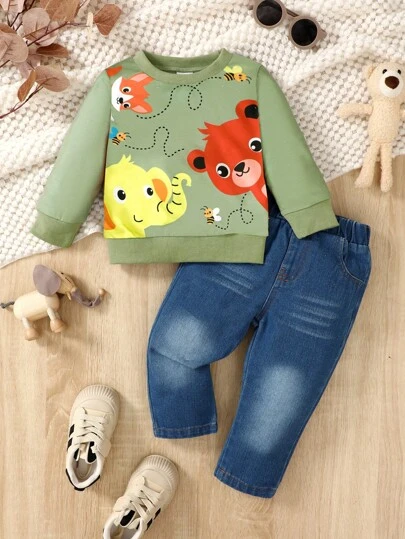 2pcs/Set Baby Boy Cute Elephant & Bear Animal Print Round Neck Long Sleeve Sweatshirt And Casual Denim Pants Outfit