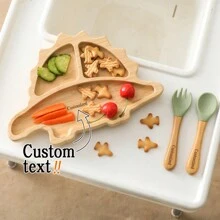 1Set Customized Baby Bamboo Wooden Tableware Set Dinosaur Bamboo Wooden Plate Personalized Name Silicone Suction Newborn Feeding Dinnerware Wooden Handle Fork Spoon Feeding Supplies For Children Tableware Suction Newborn Custom Gift Setback To School Winter Gift Ideas Boy Girl Valentine's Day - Multicolor - View 1
