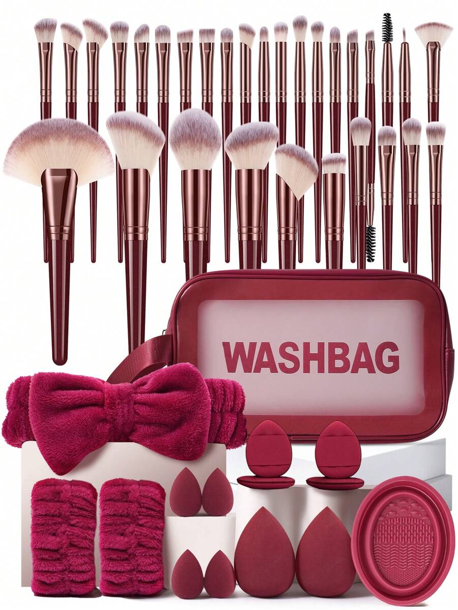 45/38/28/8/7pcs Makeup Brush And Makeup Sponge Tool Full Set Combination Kit.Includes 30pcs Makeup Brush 2pcs Makeup Sponges 4pcs Mini Makeup Sponge For Contouring, Eye & Corner Areas 4pcs Finger Puff Cosmetic Applicator For Powder,Liquid,Facial Makeup Tools 1pc Spa Bow Headbands,Brush Set,Makeup Brush Kit,Make Up Brush Set,Make Up Set Complete,Makeup Brush Set,Complete Makeup Kit,Brush Kit,Brushes Makeup Set,Makeup Gift Set,Set - Burgundy - View 1