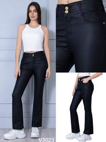 Pantalón de Vinipiel Negro, Estilo Acampanado, Ajustado con Cintura Alta y Efecto Push-Up con Elástico Moldeador para un Look Estilizado - Negro V3023 - Ver 1