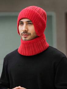 2 件套：1 顶男士无檐便帽 + 1 条围巾，蓬松翻边竖条纹护耳针织帽，保暖防风冬季户外休闲头饰 - A - 查看 17