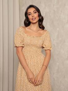 Long Dress With Puffed Sleeves Elastex Print - Beige - View 3