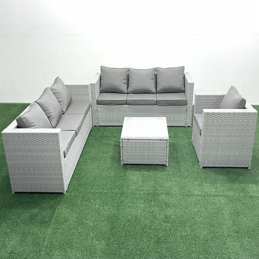 Fimous Wicker PE Rattan Sofa Garden Furniture Set With Armchair Square Coffee Table Light Grey Mixed - Light Grey - View 1