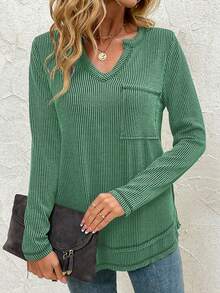 Tops de unicolor de manga larga para otoño e invierno, camisas casuales de cuello en V acanalado - Verde - Ver 1