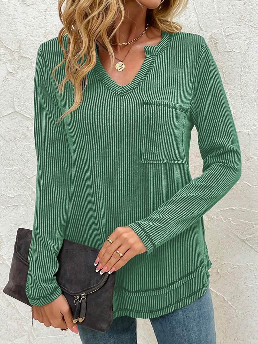 Tops de unicolor de manga larga para otoño e invierno, camisas casuales de cuello en V acanalado - Verde - Ver 1